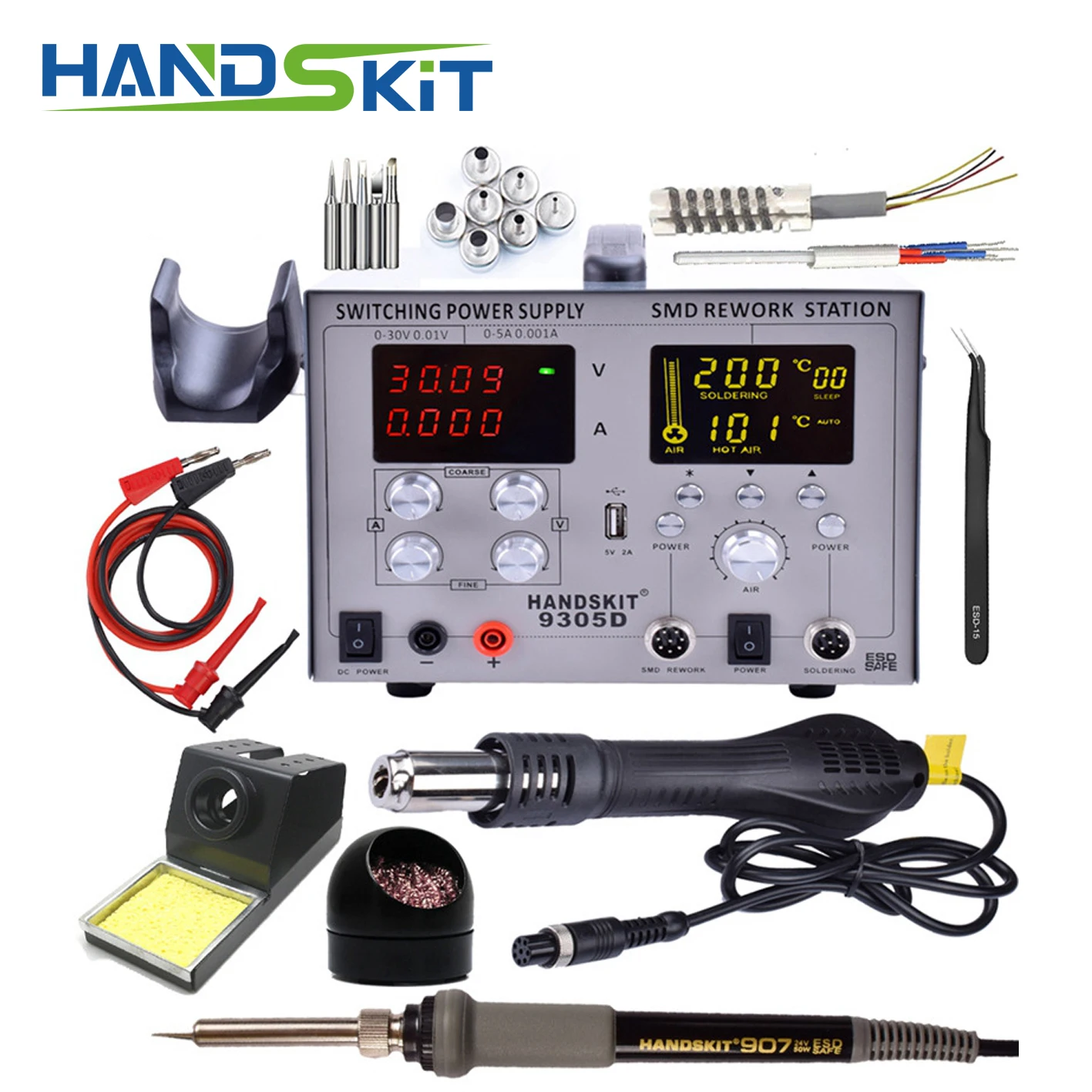 HANDSKIT9305D 110 В/220 В 4 в 1 30 в 5A DC источник питания SMD фена паяльная станция Автоматический Режим сна паяльная станция Usb 5v2a