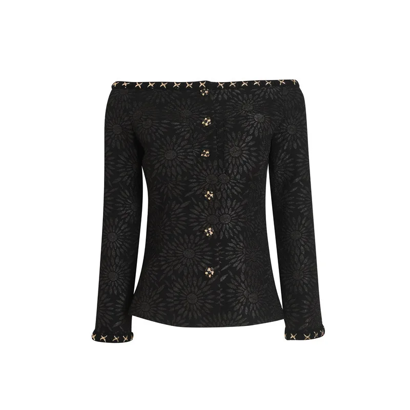 

Runway Luxury Dark Pattern Jacquard Metal Decoration Vintage Coat One-Shoulder Western Button Slim Top Women Autumn Winter New