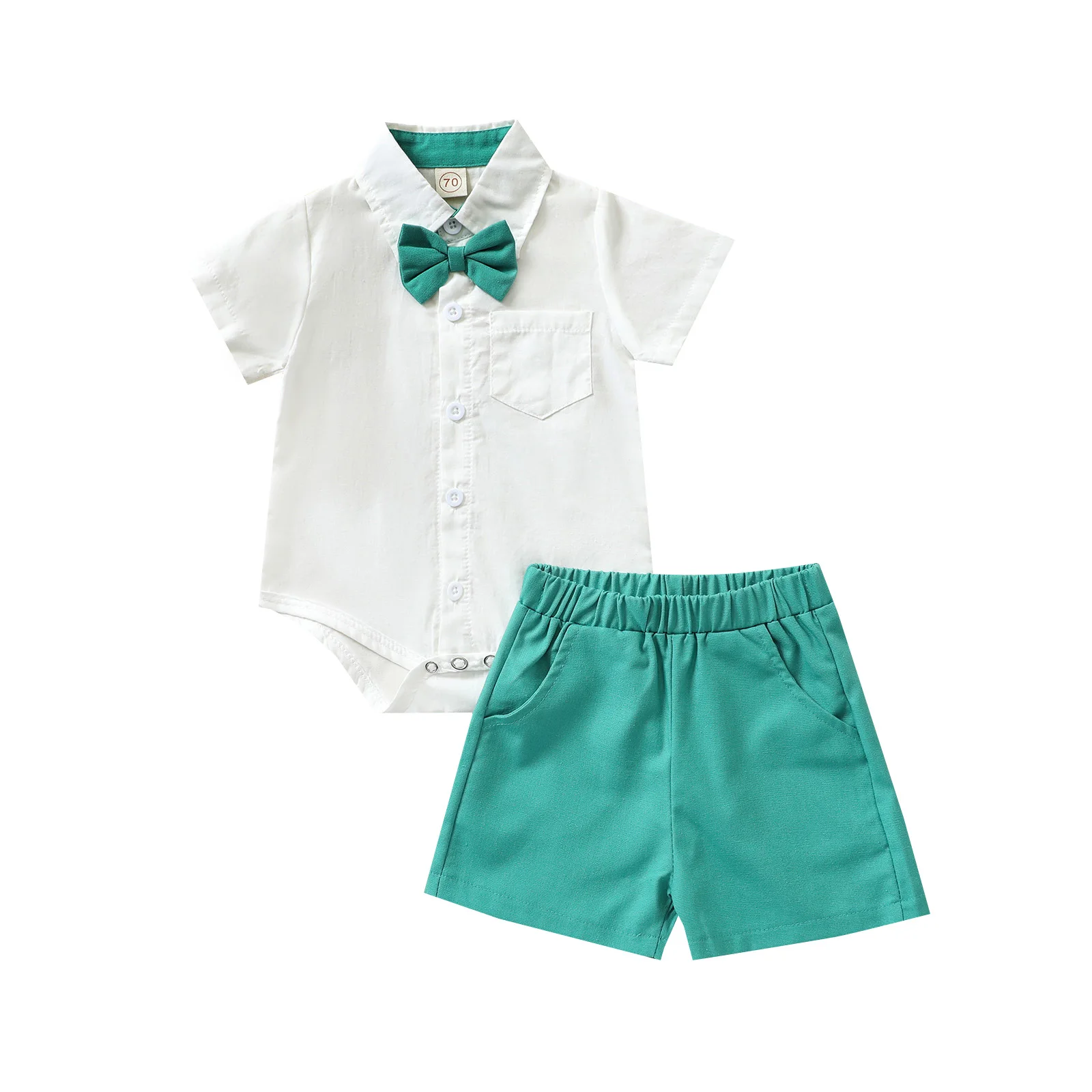 

Infant Baby Boy Clothes Set Solid Color Turn-Down Collar Bownot Romper+Elastic Waist Shorts Gentlemen Outfit Children's Clothing
