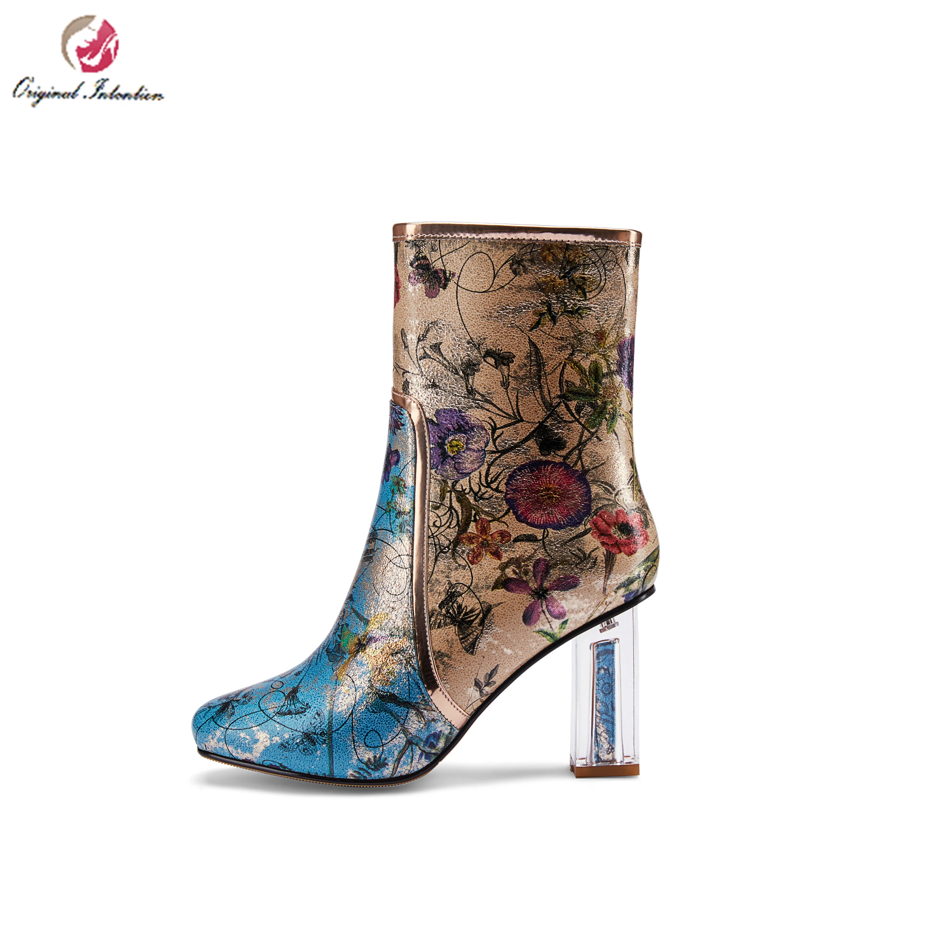 

Original Intention Fashion Woman Square Crystal Heels Zipper Ankle Square Toe Flower Printing Shoes Woman Plus Size 3-15