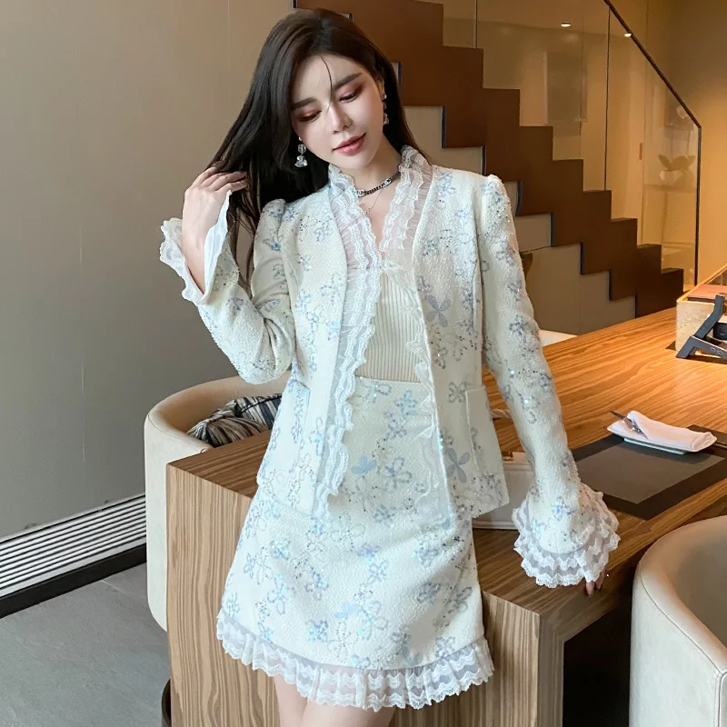 

Celebrity Print Floral Tweed Suits Sequins Dresses Women 2021 Fall Winter Clothes Lace Tweed Jackets Coats + Tassels Skirts Sets