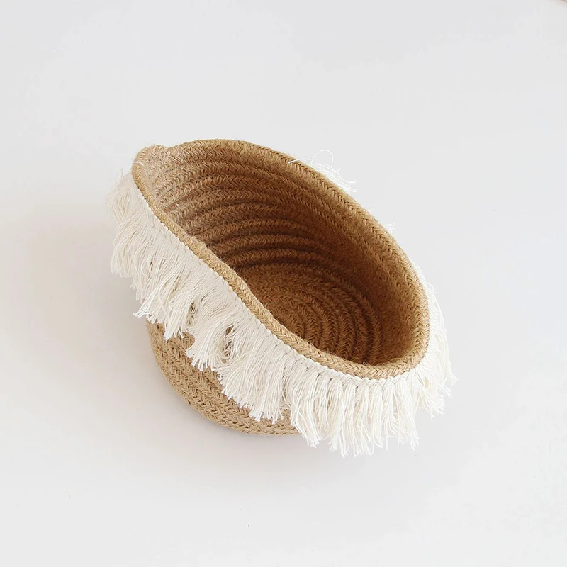 

S/M/L Jute Storage Basket Handmade Woven Round Tassel Desktop Baskets Box Container Toys Holder Cosmetic Book Home Organizer