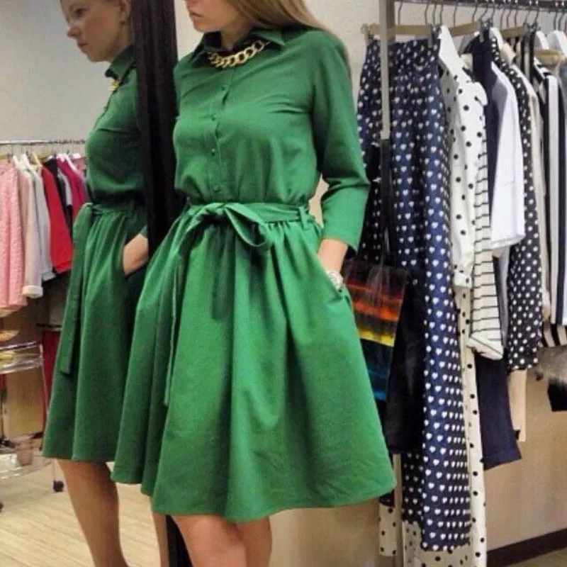 

SUSOLA Blue Green Black Belted Women Dress Solid Knee Length Casual Stand-neck Long Sleeve 2020 New Arrival Autumn Winter