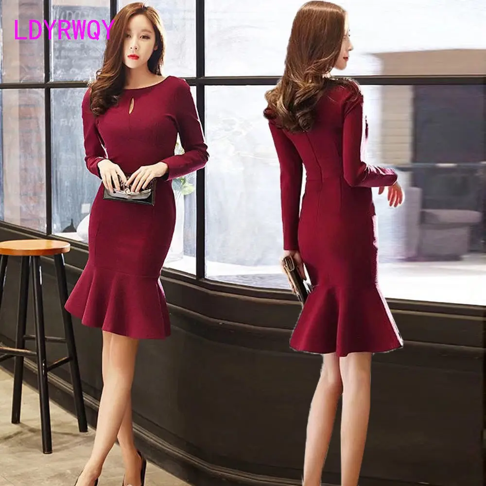 

women's autumn new style celebrity temperament slim bag hip Ruffle fishtail Long sleeve dress