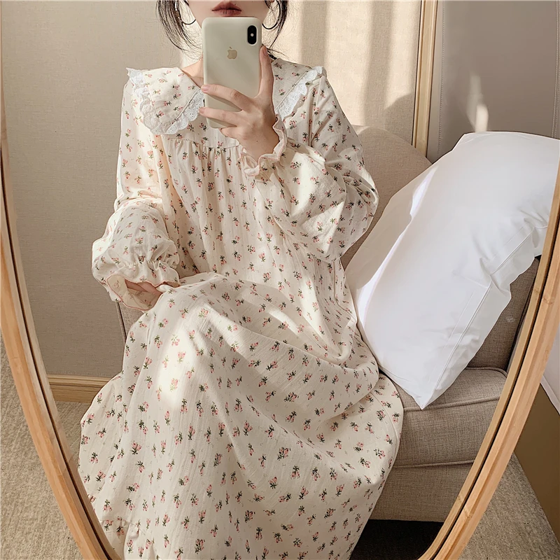 

cotton linene sleep dress women home clothes long sleeve peter pan collar floral print nightgown autumn loose nightdress