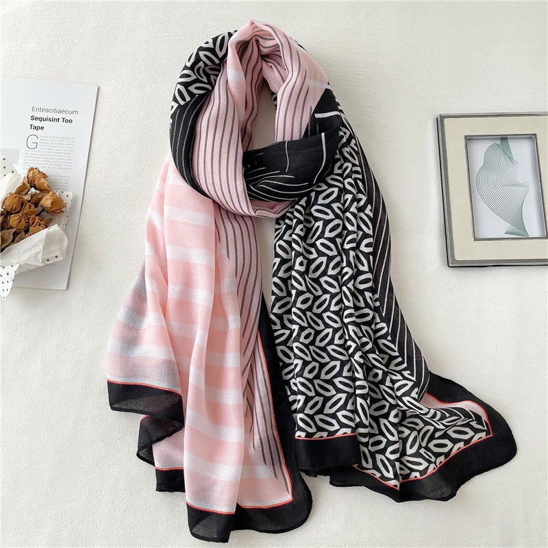 

2022 Print Splice Neckerchief Hijab Scarf Large 180*90cm Headscarf for Women Cotton Soft Warm Pashmina Female Foulard Bandana