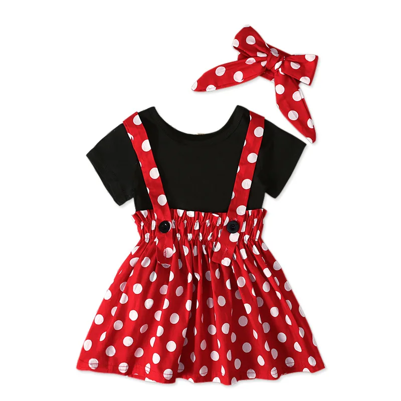 Летняя одежда для девочек детская черная футболка в горошек и повязка на голову