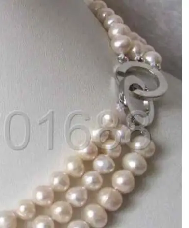 

3 Row Graduated 8-9mm White Natural Freshwater Cultured Pearls Beads Necklace For women