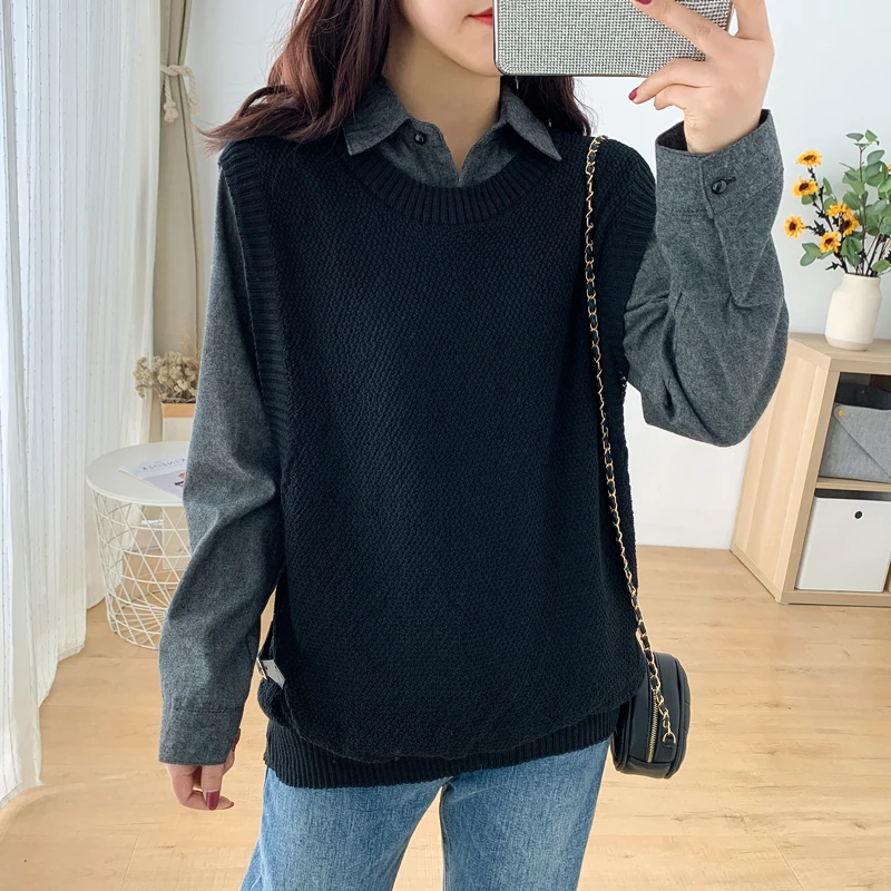 

Autumn new large size women's loose shirt collar sweater 200kg fat sister looks thin fake two tops