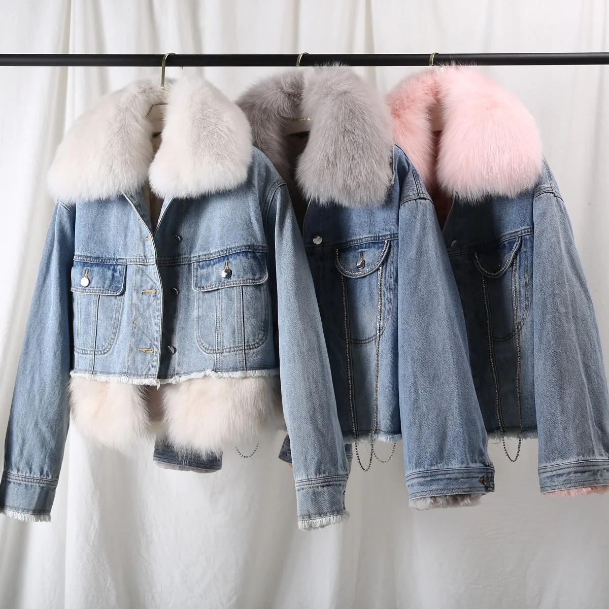 

2019 Winter Jacket Women Casual Real Rex Rabbit Fur Liner Denim Coat Thick Warm Natural Fox Fur Collar Outwear Streetwear Parka