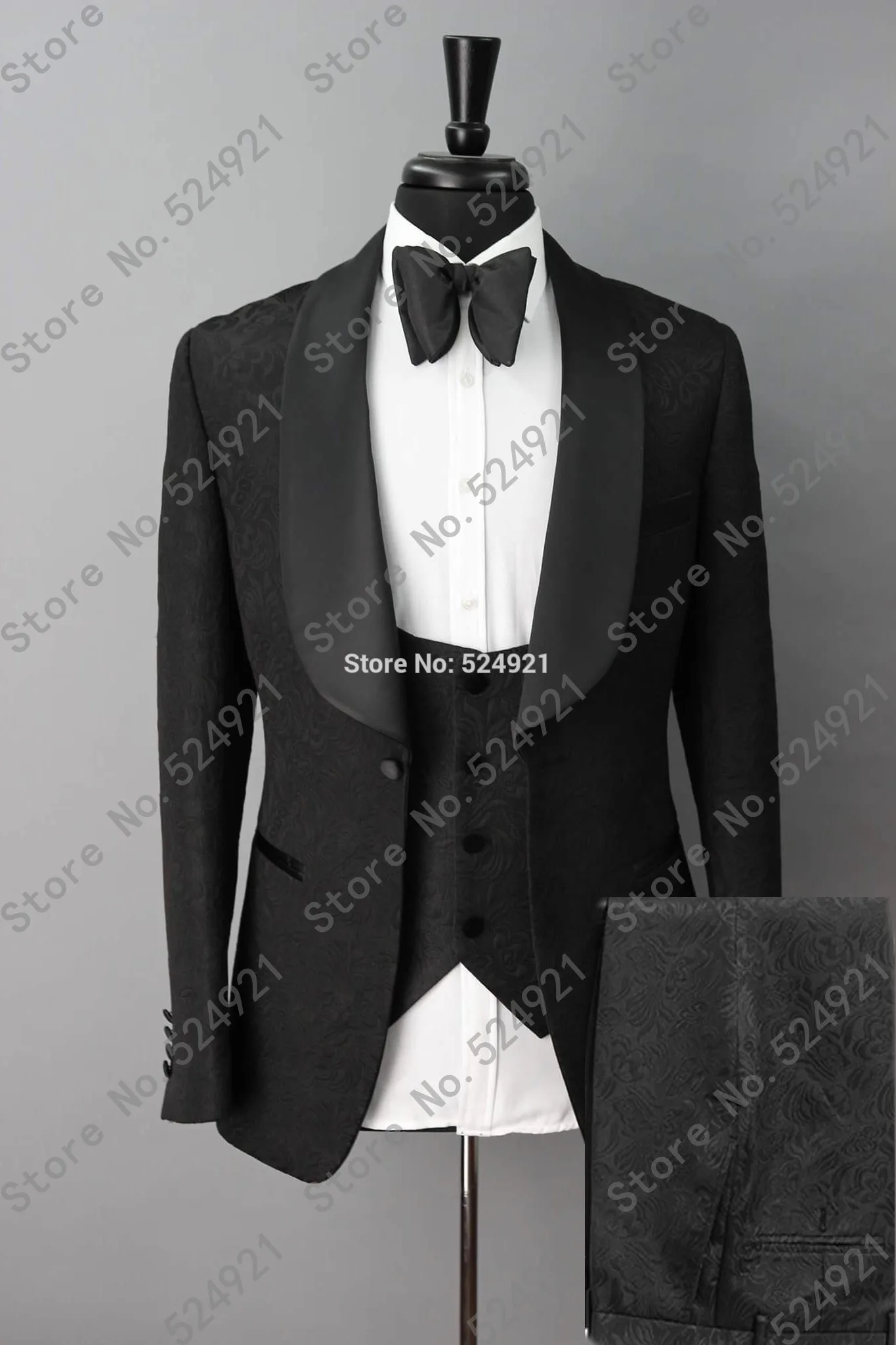 Men Suits Black Pattern Groom Tuxedos Shawl Satin Lapel Groomsmen Wedding Best Man ( Jacket+Pants+Vest+Bow Tie ) C693
