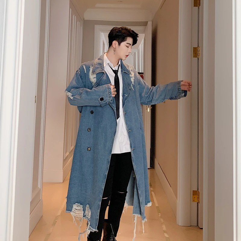 

2019 Autumn England Style Ripped Hole Denim Windbreaker Men Casual Loose Washing Scratched Denim Jacket Men,M-XXL