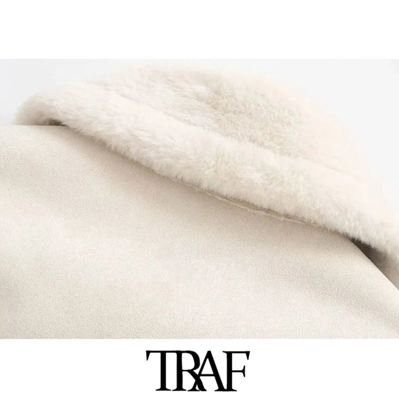 

TRAF Women Fashion With Fur Faux Suede Thick Warm Jacket Coat Vintage Long Sleeve Pockets Female Outwear Chic Tops