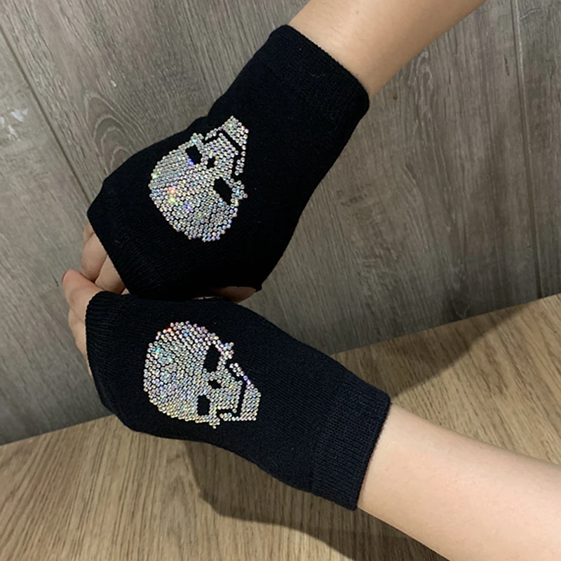 

Winter Gloves Women Rhinestone Skull A+ Diamond Crown Half Finger Warm Knitted Black Mittens students Gants Femme