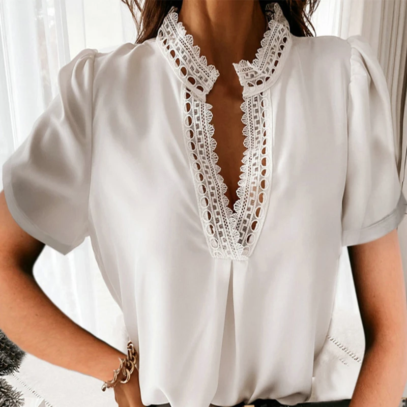 

Summer Women Blouses White Lace Stitching Short-sleeved Shirt 2021 Casual Top Femme Clothing Beautiful Blouses And Shirts