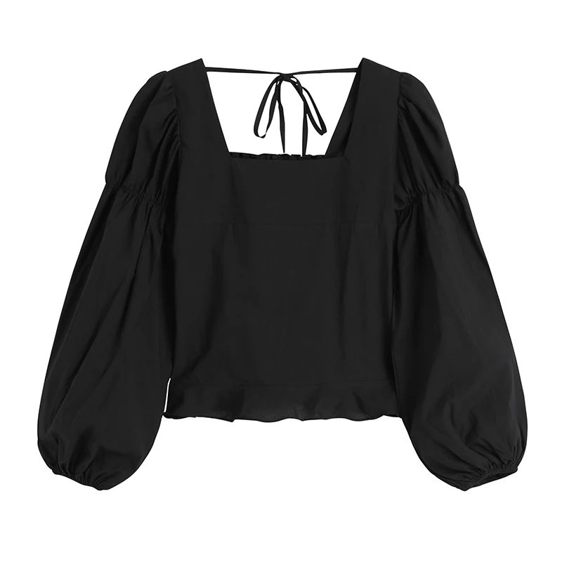 

2021 Spring Summer Puff Sleeve Square Collar Open Back Blouse Korean Style Solid Loose Shirts Simple All Match Femme Blusas