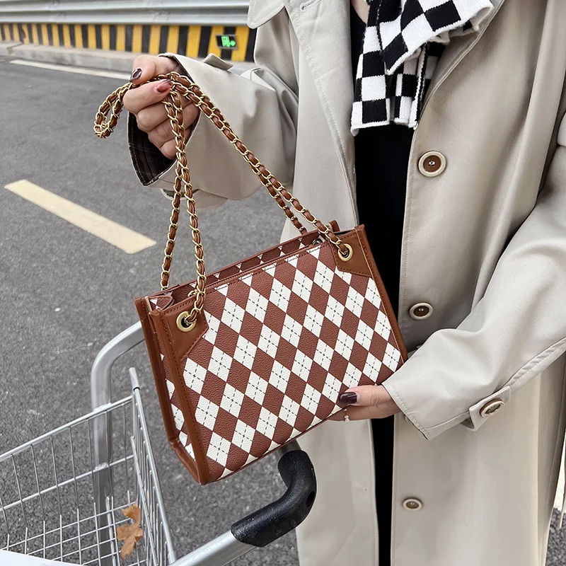

New Bag For Women Texture bag 2021 lattice contrast Bag Tote Bag Single Shoulder Messenger Bag chain foreign style bag
