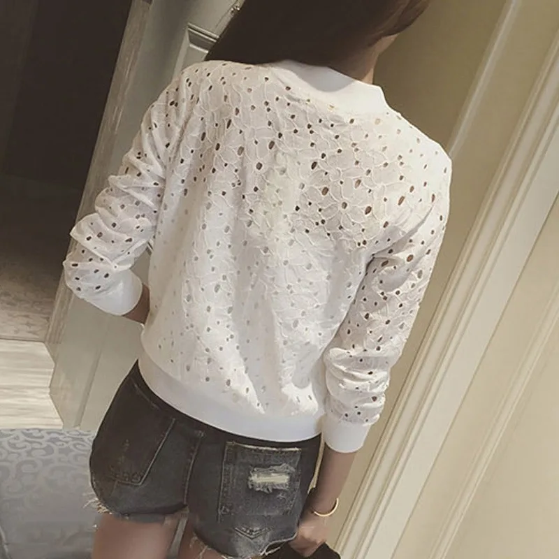 

Women's Summer Thin Jacket 2021 White Lace Long Sleeve Sunscreen Women Clothing Hollow Out Breathable Bomber Jacket