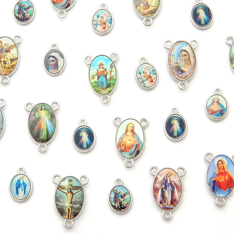 20pcs Mixed Enamel Antique Silver Jesus Mother Mary Connector Charm Pendants for DIY Rosary Necklace Bracelet Jewelry Making images - 6