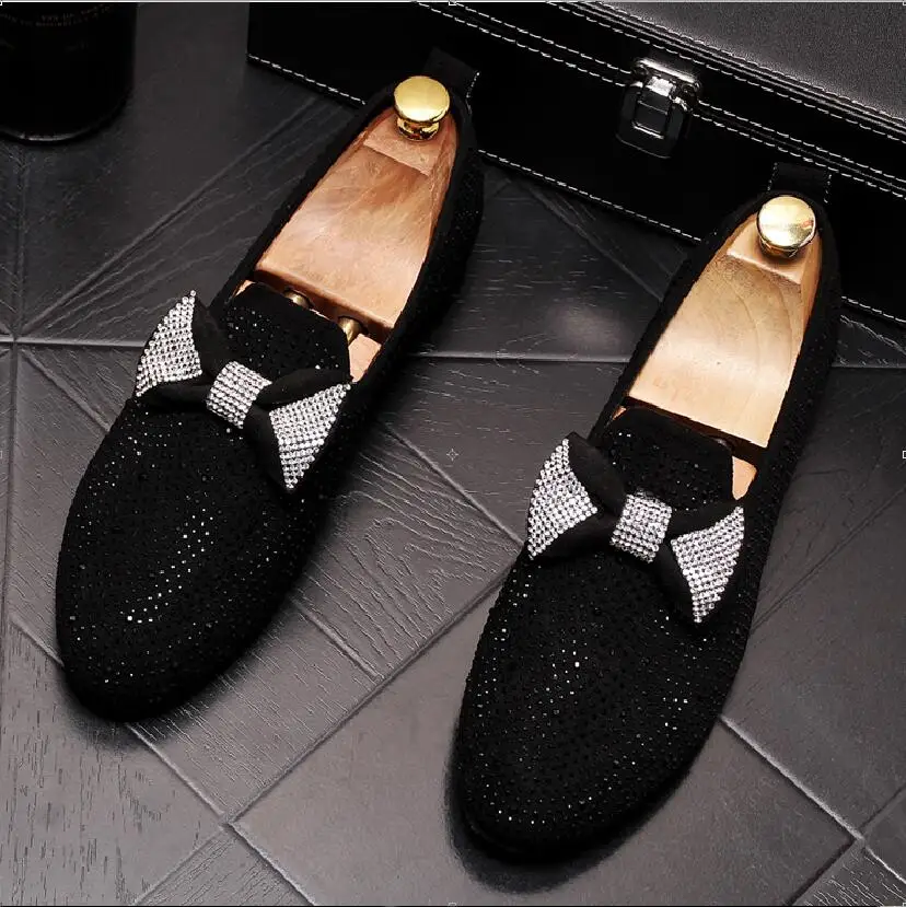 Men Shoes Bowknot loafers Black Diamond Rhinestones Spikes men shoes Rivets Casual Flats sneakers wholesale | Обувь