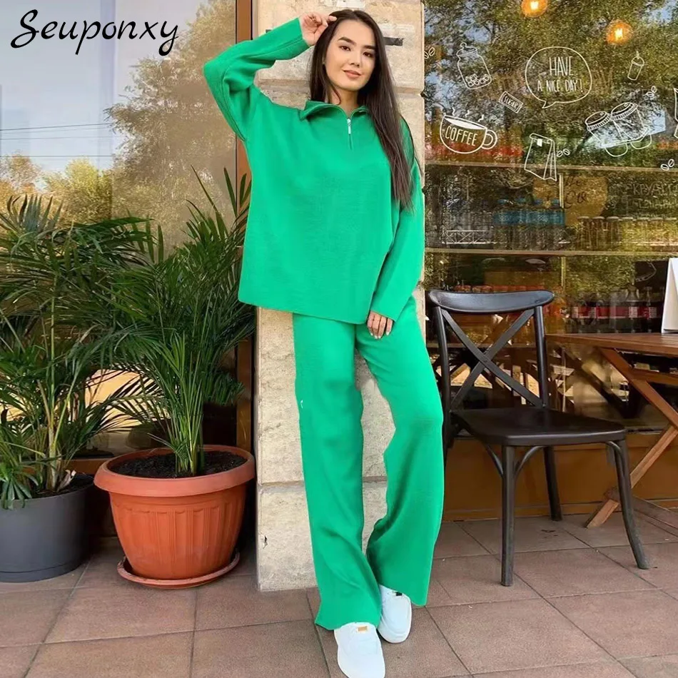 

High-Quality Autumn Loose Knit 2 Two-Piece Set 2021 Sexy Lapel Long-Sleeved Pullover + High-Waist Wide-Leg Pants Casual Set