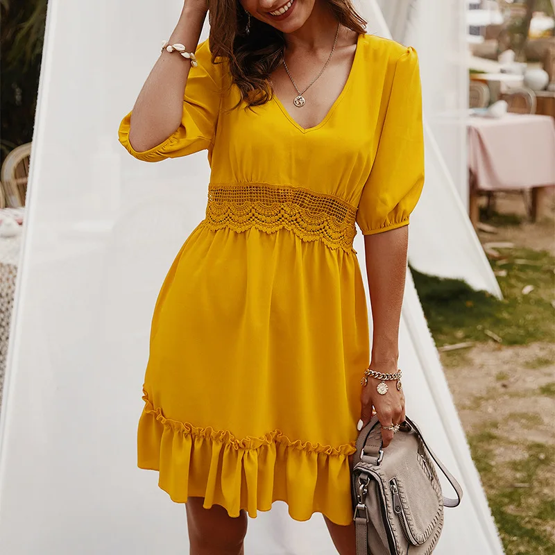 

Solid Color V Neck Ruffles Short Dress Women Cutout Waist Short Sleeve Casual Girl Sweet Elegant Mini Dresses