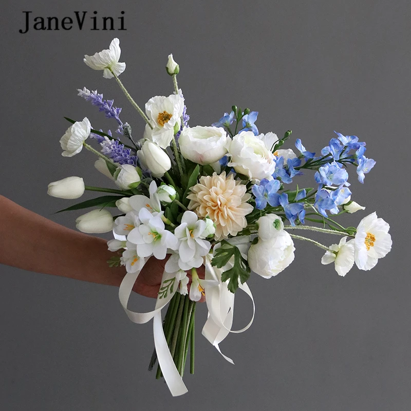 

JaneVini Elegant Blue White Bridal Bouquets Silk Artificial Flowers Bride Bouquet Hydrangea Roses Tulip for Wedding Accessories