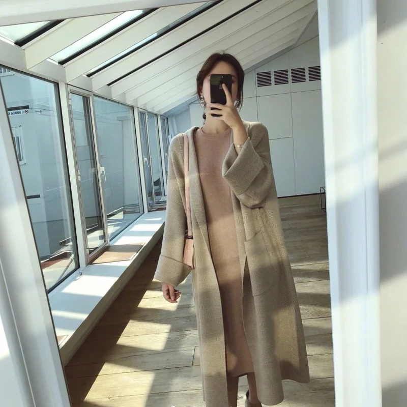 Женский полосатый длинный свитер осенне-Зимнее Пальто Повседневное вязаное