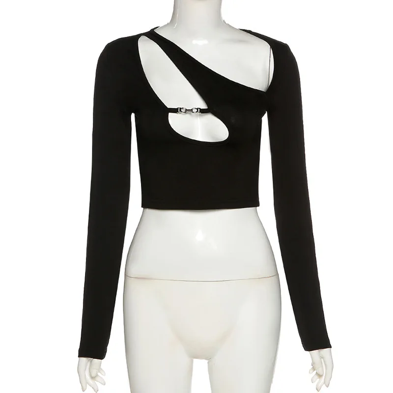 

Oluolin Women Sexy Hollow Out Crop Top Long Sleeve Asymmetrical T-shirt Streetwear 2021 Spring Sexy Skinny Club Clothes Top