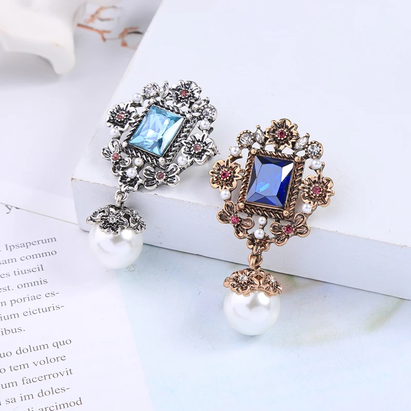 Женская Винтажная брошь в виде цветка золотистая/Серебристая синяя стеклянная