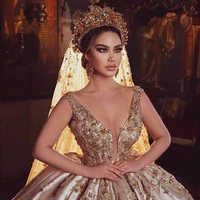 2022 vintage luxury dubai quinceanera dresses ball gown v neck keyhole bling crystal beading satin sweet 16 plus size party prom