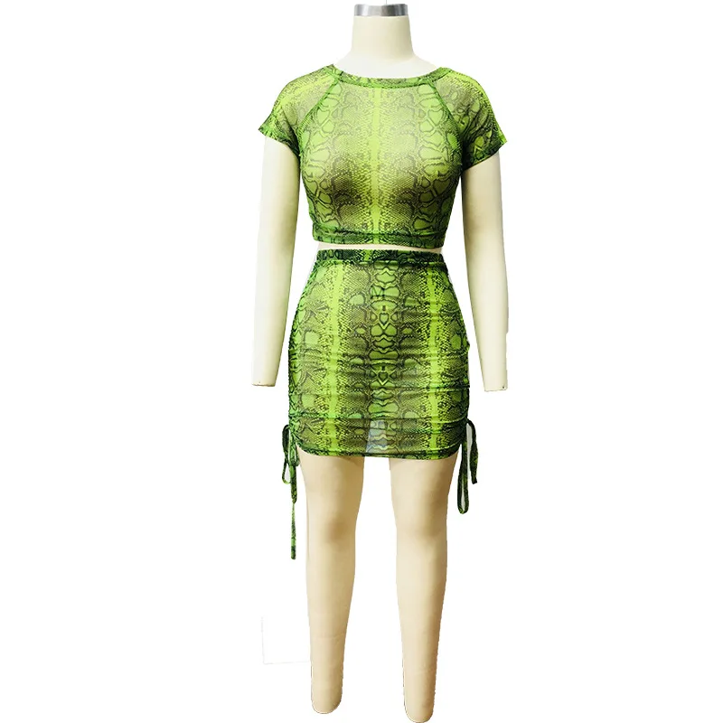 neon green HAOYUAN неоновый Змеиный сексуальный женский комплект 2 шт. праздничная одежда короткий топ юбка летний комплект из двух предметов сетчатая Прозрачная Клубная одежда - Цвет: neon green