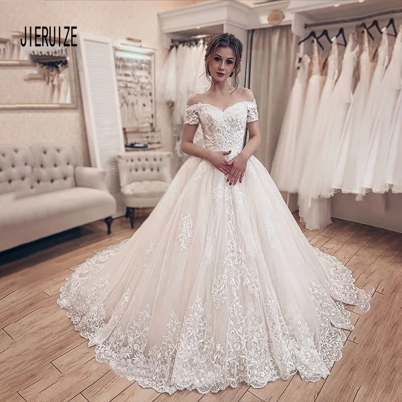 

JIERUIZE New Princess Wedding Dresses Ivory Vestido de novia Off The Shoulder Short Sleeves Lace Up Back Wedding Dress Ball Gown