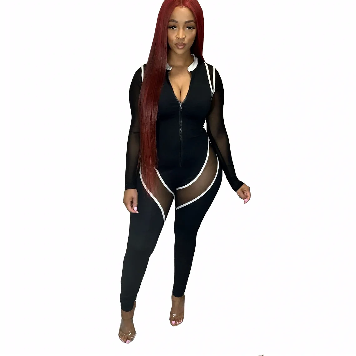 

34AL140 Autumn Winter Women Fashion Sexy Sold Patchwork Perspective Mesh Skinny Club Outfits Jumpsuit Playsuit Rompers Plus Size