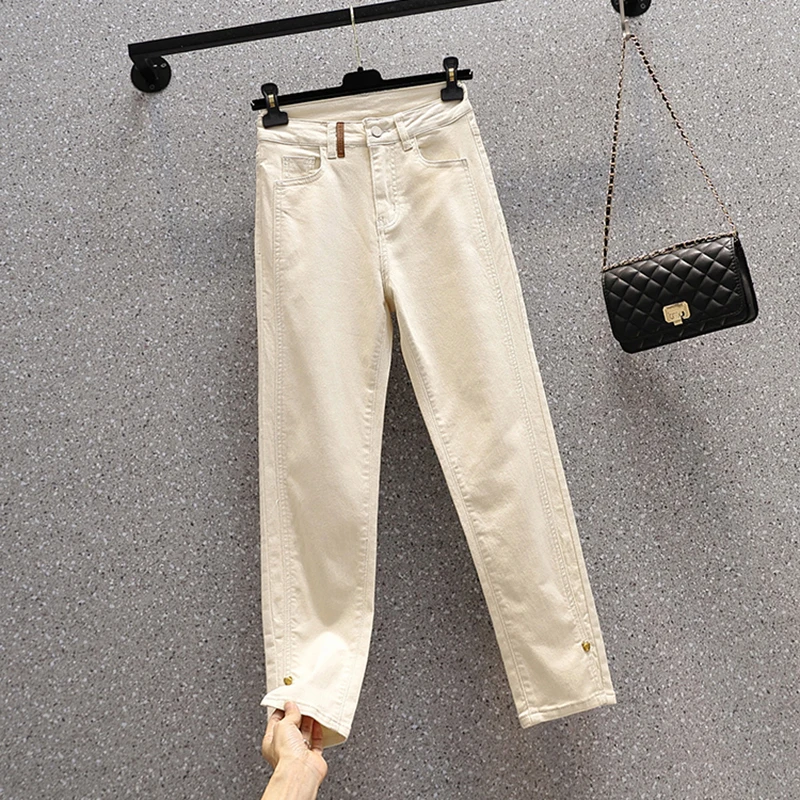 Женские джинсы в стиле пэчворк Стрейчевые прямые брюки из денима с разрезом