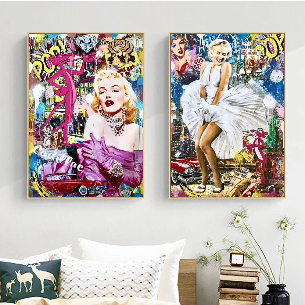 

Abstract Pop Art Retro Beauty Monroe And Pink Panther Poster Painting On The Graffiti Prints Canvas Wall Pictures Decoration