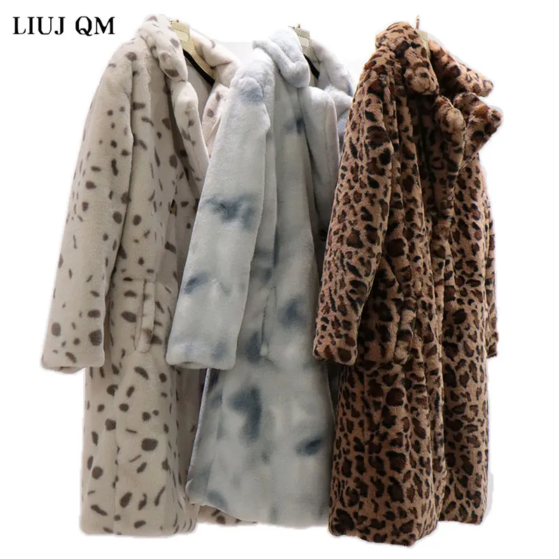 2022 Winter Leopard Parka Faux Fur Jacket Women's Plush Color Tie-Dye Long Overcoat Female Large Size Warm Faux Fur Coat Women