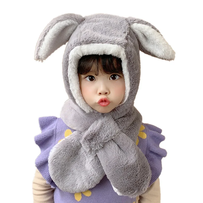 

New Children's Winter Hat Boy Girls Thicken Fur Warm Earflaps Scarf Kids Cartoon Cute Rabbit Ear Plush Beanie Hats for Child