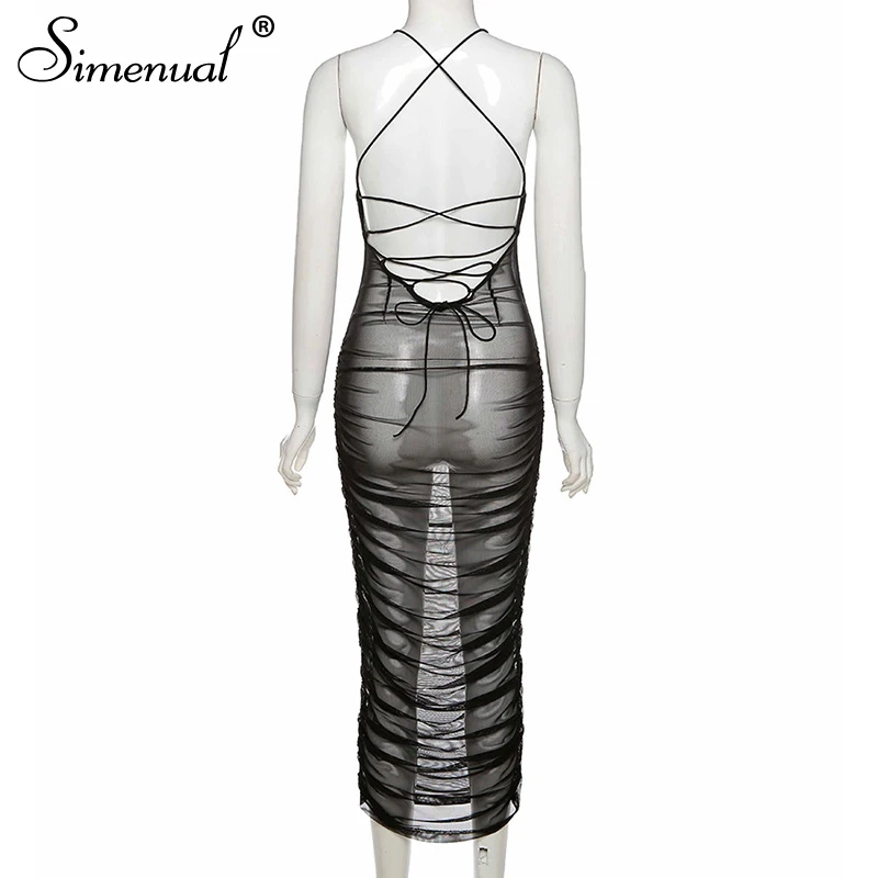 

Simenual Ruched Mesh Safety Pin V Neck Maxi Dresses Women Hollow Out Holiday Outfits Partywear Bodycon Strap Sundress Lace Up