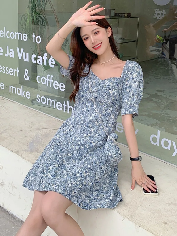 

Office 2019 Professional Fashion Ladies Small Fresh Floral Dress Puff Sleeves Woman Dress Sexy Dresses Party Night Club Dress