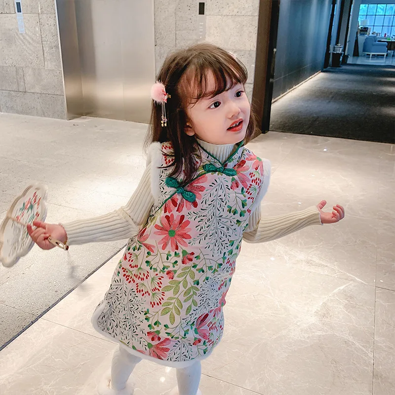 Новогодний наряд в китайском стиле Ципао для девочек зимний костюм Тан жилет с