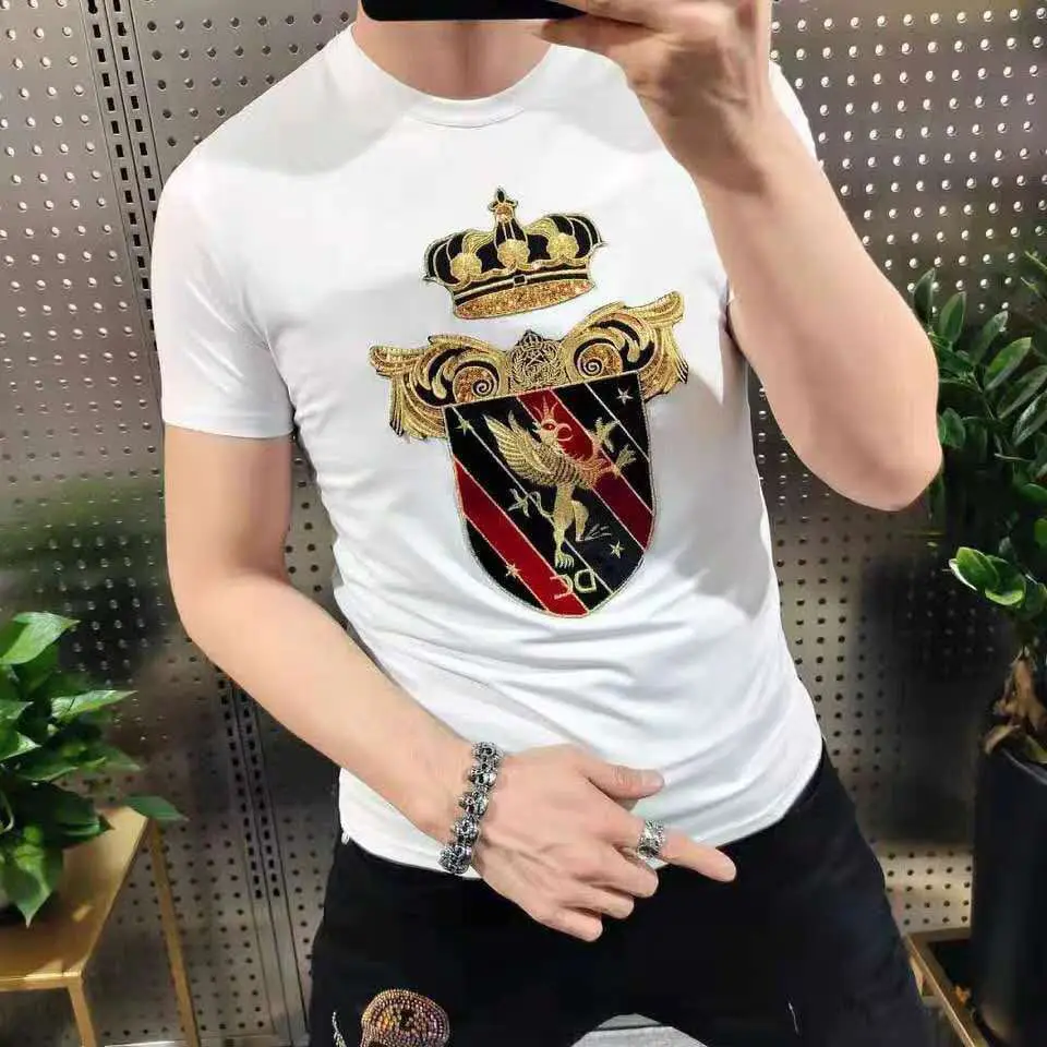 

Summer embroidery labeling short-sleeved men's trendy round neck pullover color t-shirt fast hand net red same style large size