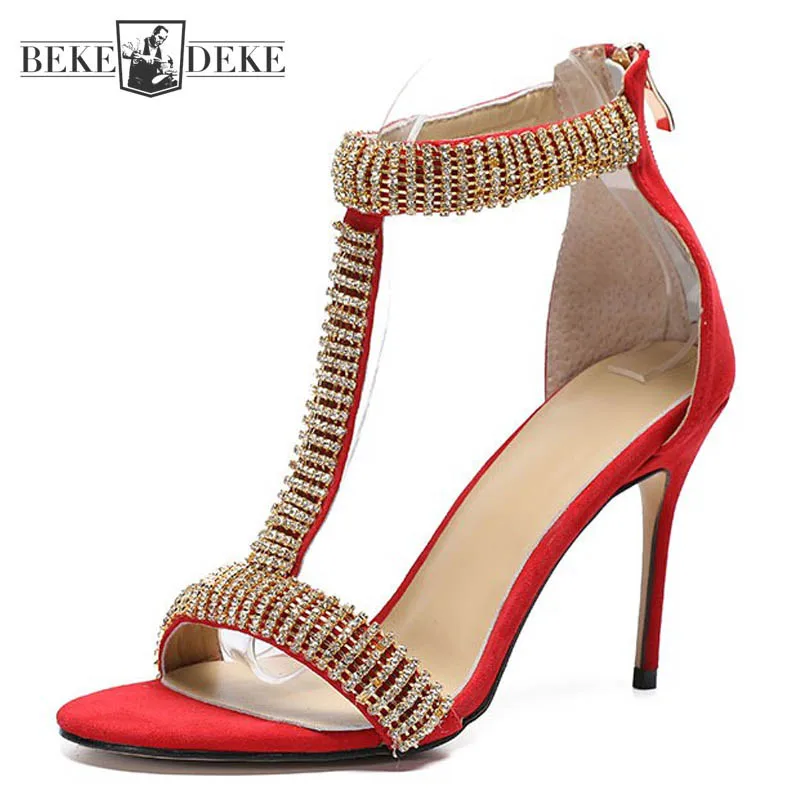 

Elegant Rhinestones Peep Toe Sandals Women Sexy Thin High Heels Sandals Summer Luxury 100% Sheepskin Party Sandals Plus Size 43