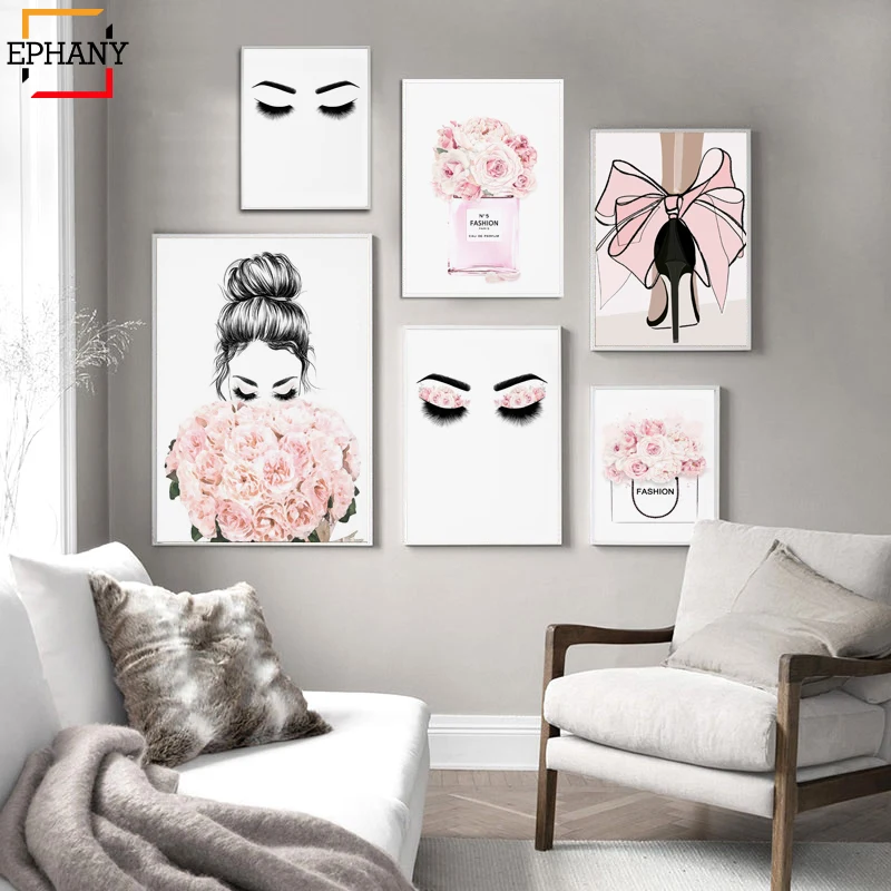 Female Face Art Fashion Wall Canvas Painting Girl Sketch Romantic Posters Watercolor Roses Pictures for Bedroom Decor | Дом и сад