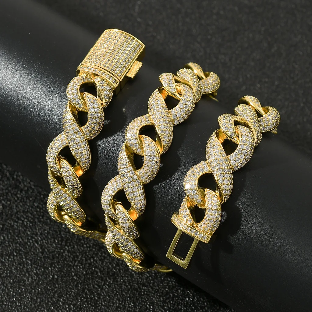 

Hip Hop 15MM Heavy Cuban Iced Out Box Buckle Copper 5A+Cubic Zirconia Stone 14K Real Gold Plating Chain Bracelet for Men Jewelry