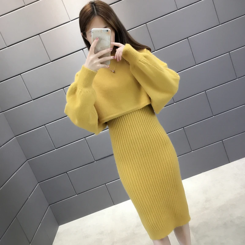 Autumn Winter Womens Long Sleeve Pullover Sweater+Strap Dress Sets Solid Color Knit 2 Piece Set Ladies Casual Knitted Suit 1600 |