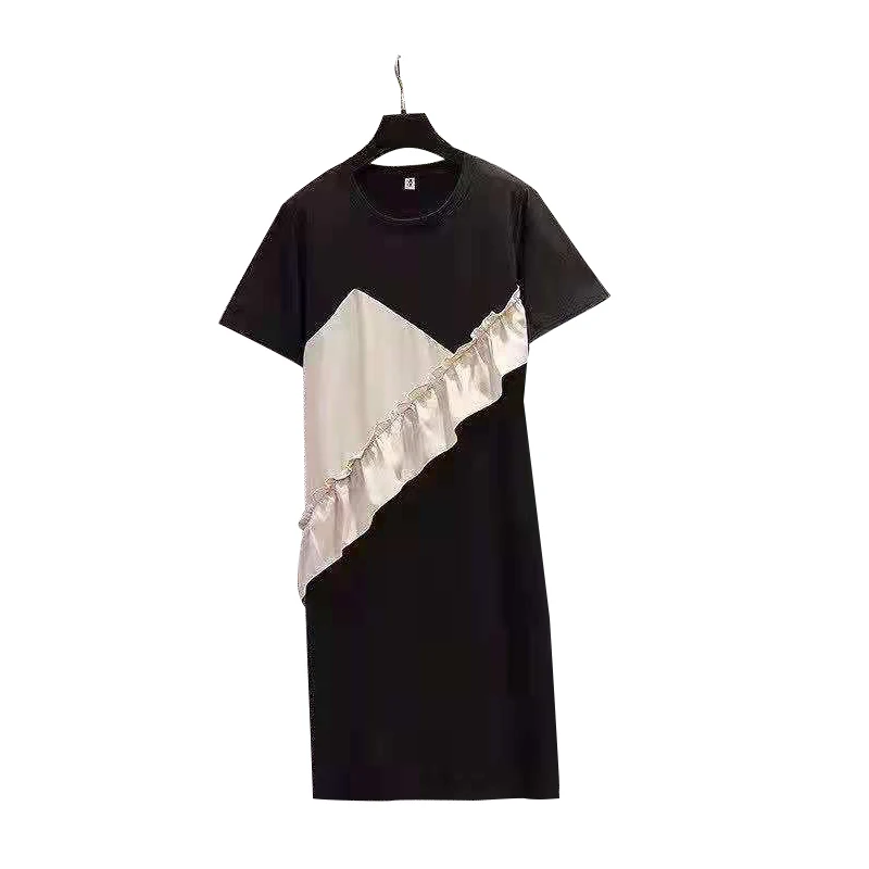

CHICEVER Black Straight Pullover Dress For Women O Neck Short Sleeve Loose Patchwork Ruched Hit Color Knee Length Dresses Female