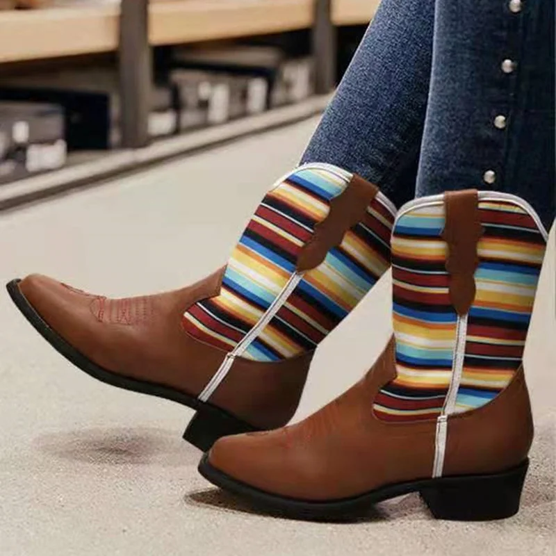 

2021new Splicing Riding Boots Fashion Calf Mid-tube Boots Platform Wedges Ethnic Style Short Boots Casual Winter Women Shoes