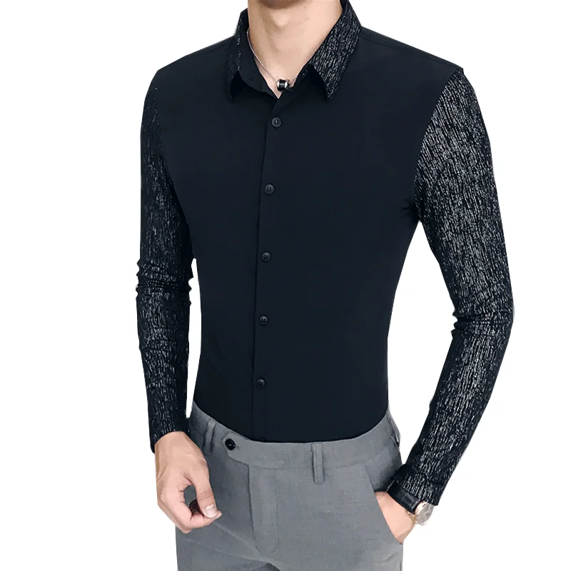 Мужские лоскутные черная рубашка 2021 мода Slim Fit сексуальное платье для мужчин