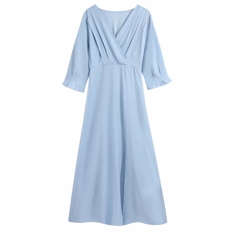 

Hot Sale Women V Neck Pleated Decoration Side Slit Midi Dress Female Three Quarter Sleeve Clothes Casual Lady Vestido D8311